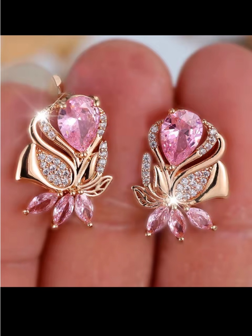 Rose Gold Pink Teardrop Floral Earrings - Elegant Women's Jewelry